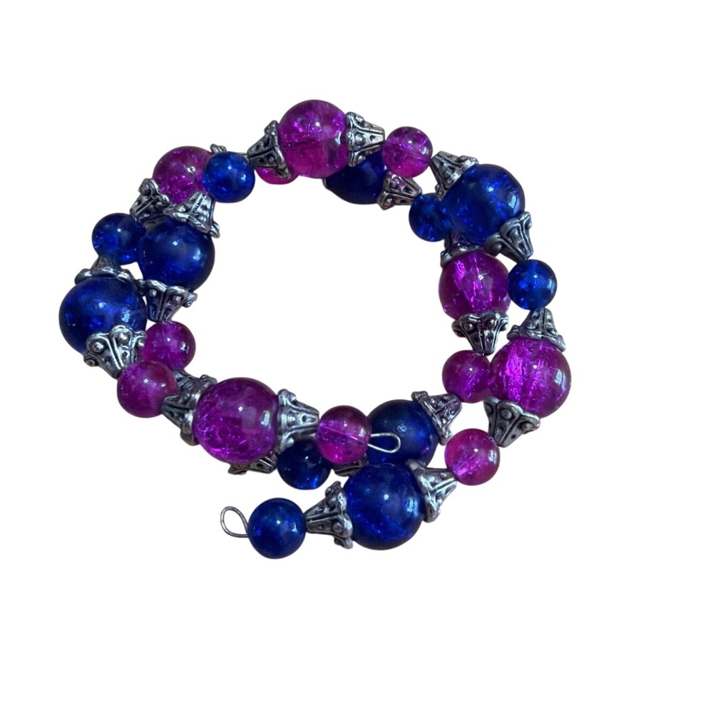 Blue and Purple Crackle Glass Memory Wire Wrap Bracelet Silver Tone Filigree